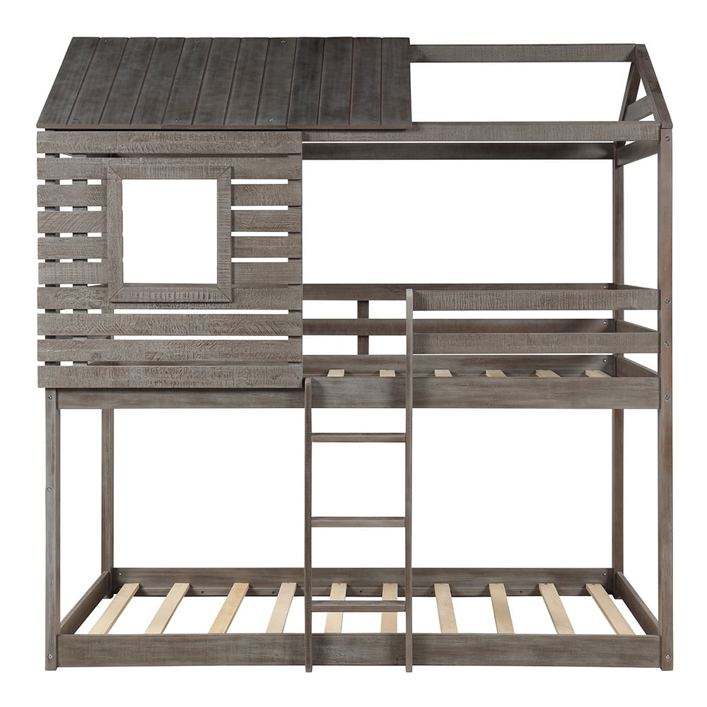 Kepooman Twin Over Twin Wood Bunk Bed with Roof & Window & Guardrail & Ladder for Kids, 77.8"L x 41"W x 83.1"H, Antique Gray Kepooman Twin Over Twin Wood Bunk Bed with Roof & Window & Guardrail & Ladder for Kids, 77.8"L x 41"W x 83.1"H, Antique Gray