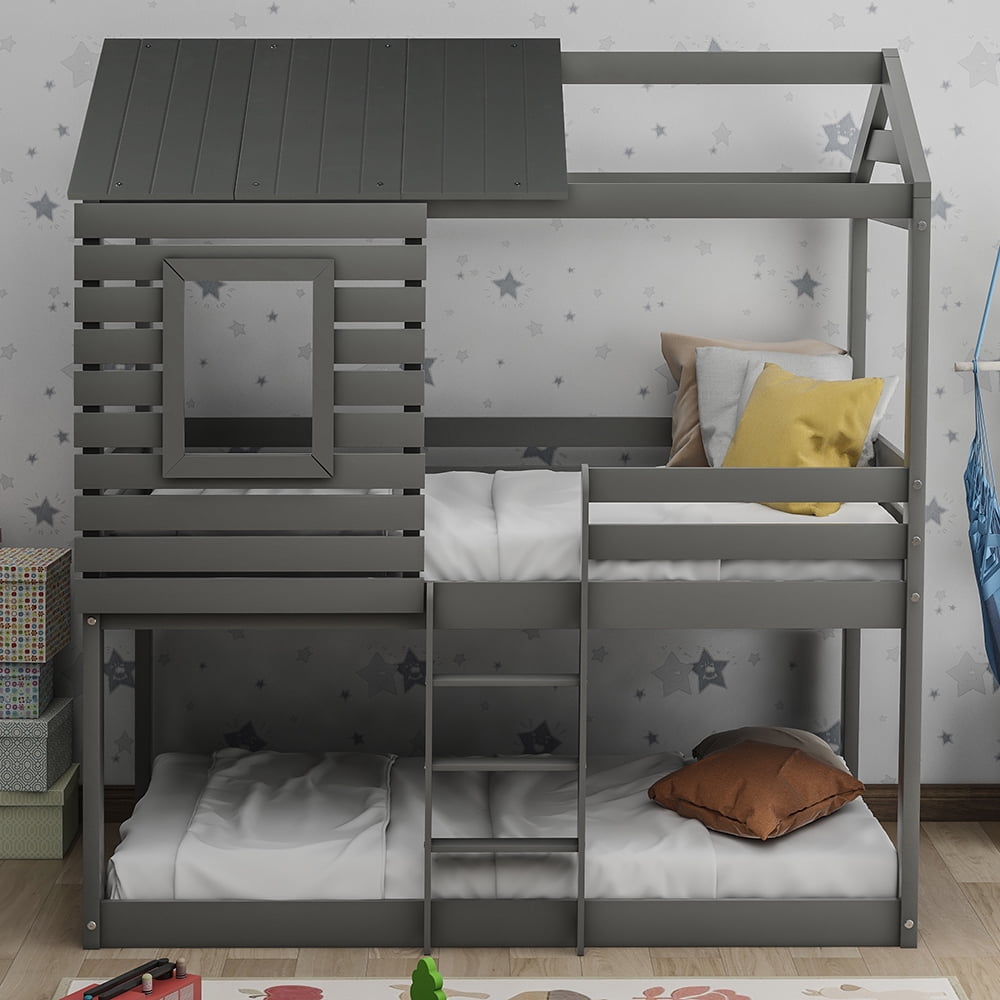 Kepooman Twin Over Twin Wood Bunk Bed with Roof & Window & Guardrail & Ladder for Kids, 77.8"L x 41"W x 83.1"H, Gray Kepooman Twin Over Twin Wood Bunk Bed with Roof & Window & Guardrail & Ladder for Kids, 77.8"L x 41"W x 83.1"H, Gray