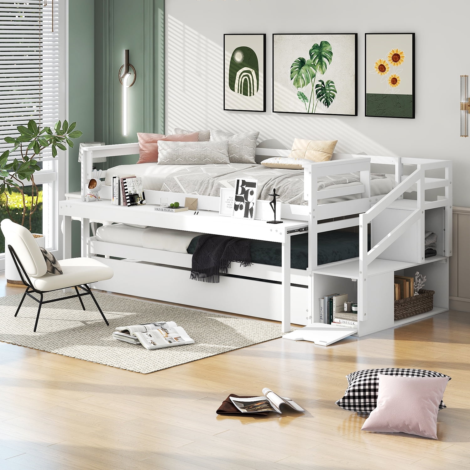 Kepooman Twin Size Daybed with Double Trundle, Flexible Shelf and Storage Staircase, White Kepooman Twin Size Daybed with Double Trundle, Flexible Shelf and Storage Staircase, White