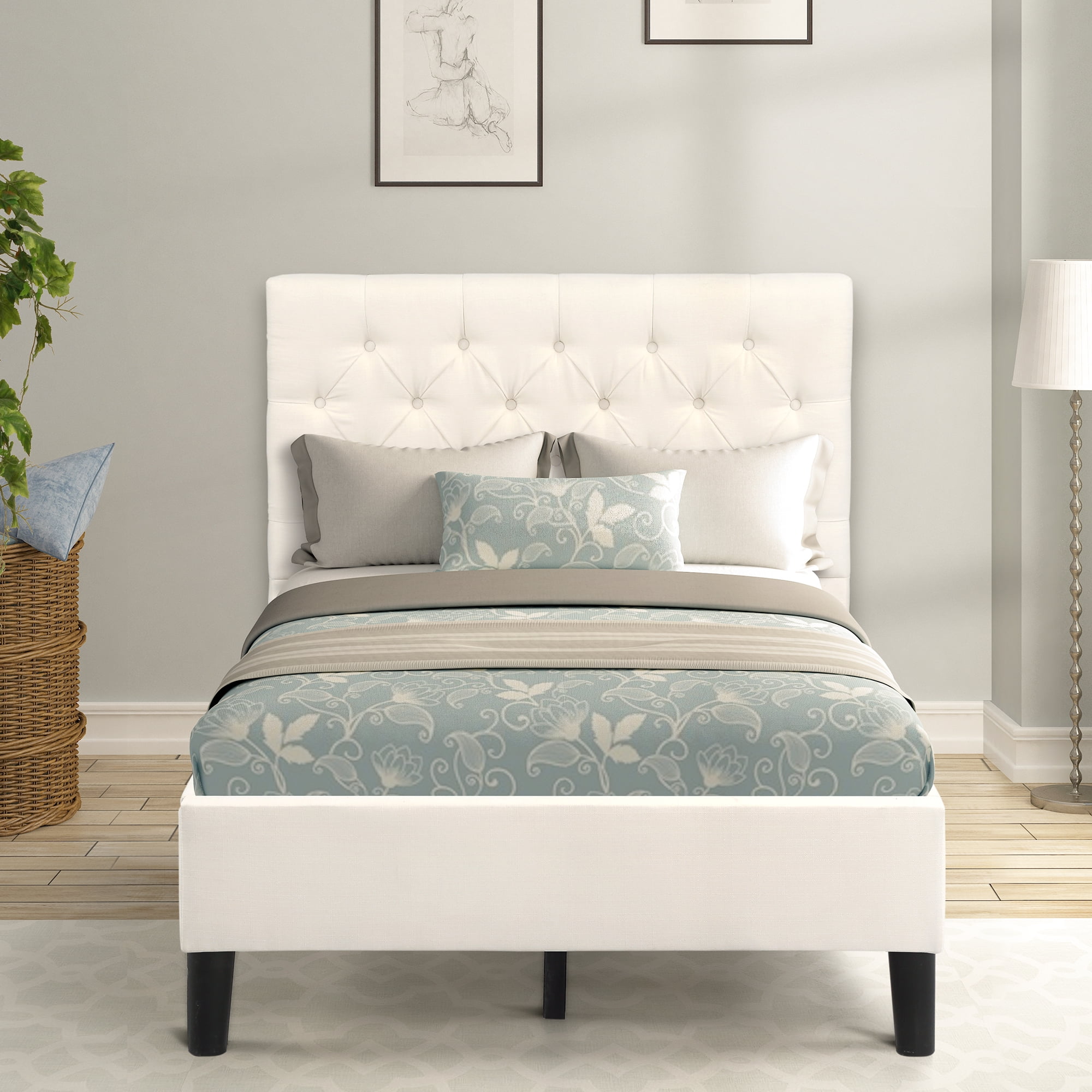 Kepooman Twin Size Modern Upholstered Linen Platform Bed with Headboard, 83.6" x 42.13" x 40.16", Beige Kepooman Twin Size Modern Upholstered Linen Platform Bed with Headboard, 83.6" x 42.13" x 40.16", Beige