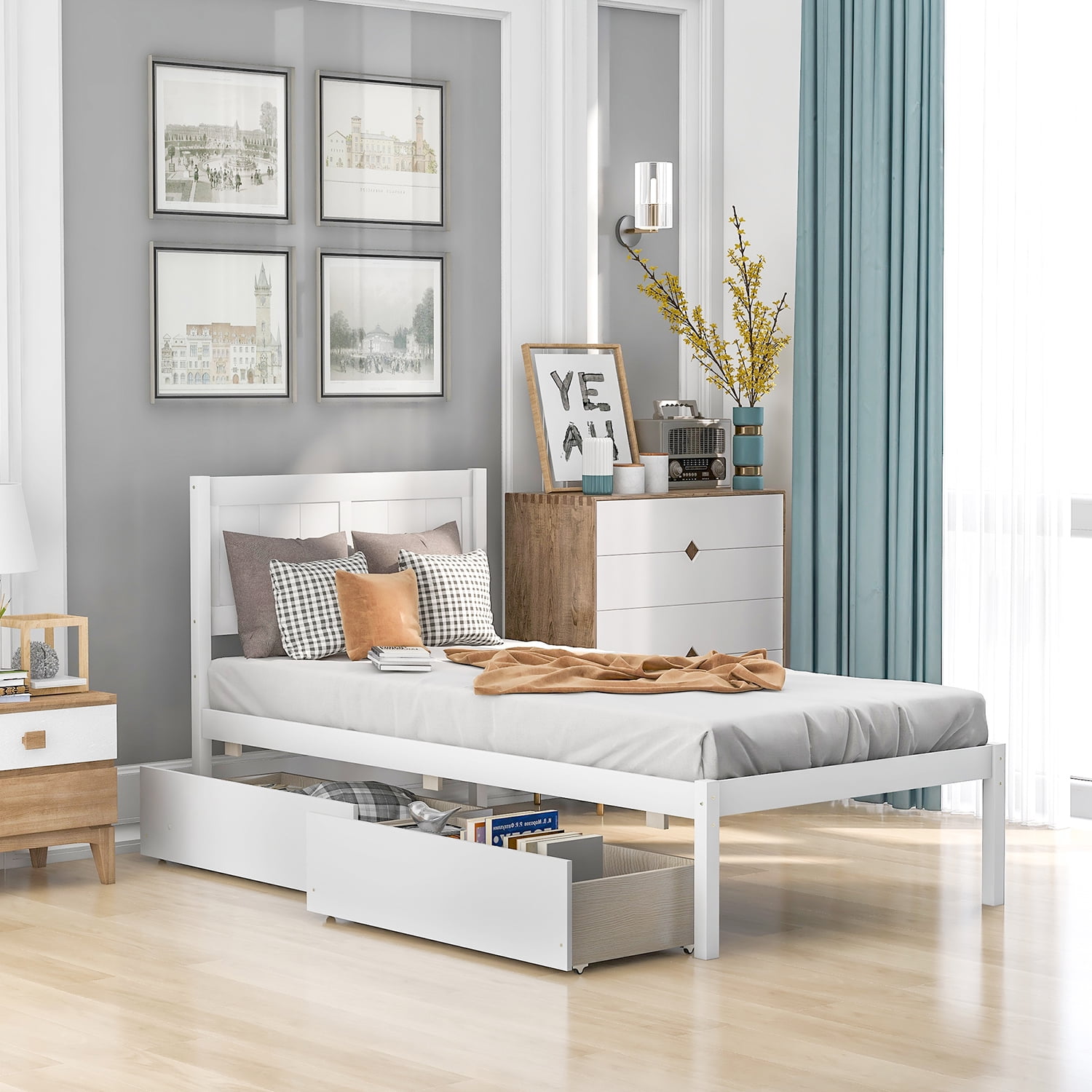 Kepooman Twin Size Solid Wood Platform Bed Frame with 2 Drawers & Headboard for Bedroom, 79.5"L x 41.7"W x 40.6"H, White Kepooman Twin Size Solid Wood Platform Bed Frame with 2 Drawers & Headboard for Bedroom, 79.5"L x 41.7"W x 40.6"H, White