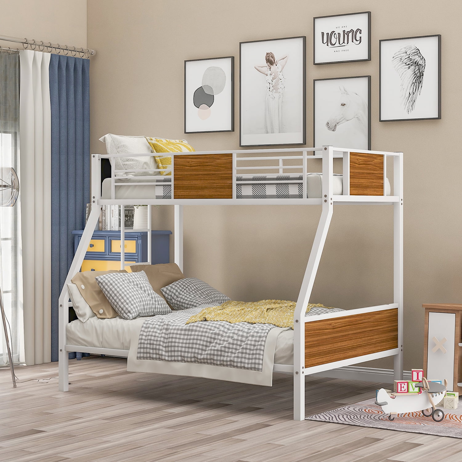 Kepooman Twin-over-Full Modern Steel Bunk Bed with Guardrail & Ladder for Bedroom, 77.2" x 54.7" x 66.5", White Kepooman Twin-over-Full Modern Steel Bunk Bed with Guardrail & Ladder for Bedroom, 77.2" x 54.7" x 66.5", White