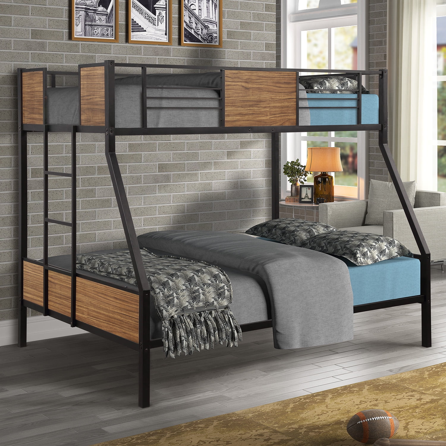Kepooman Twin-over-Full Modern Steel Bunk Bed with Guardrail & Ladder for Dorm, 77.2" x 54.7" x 66.5", Black Kepooman Twin-over-Full Modern Steel Bunk Bed with Guardrail & Ladder for Dorm, 77.2" x 54.7" x 66.5", Black