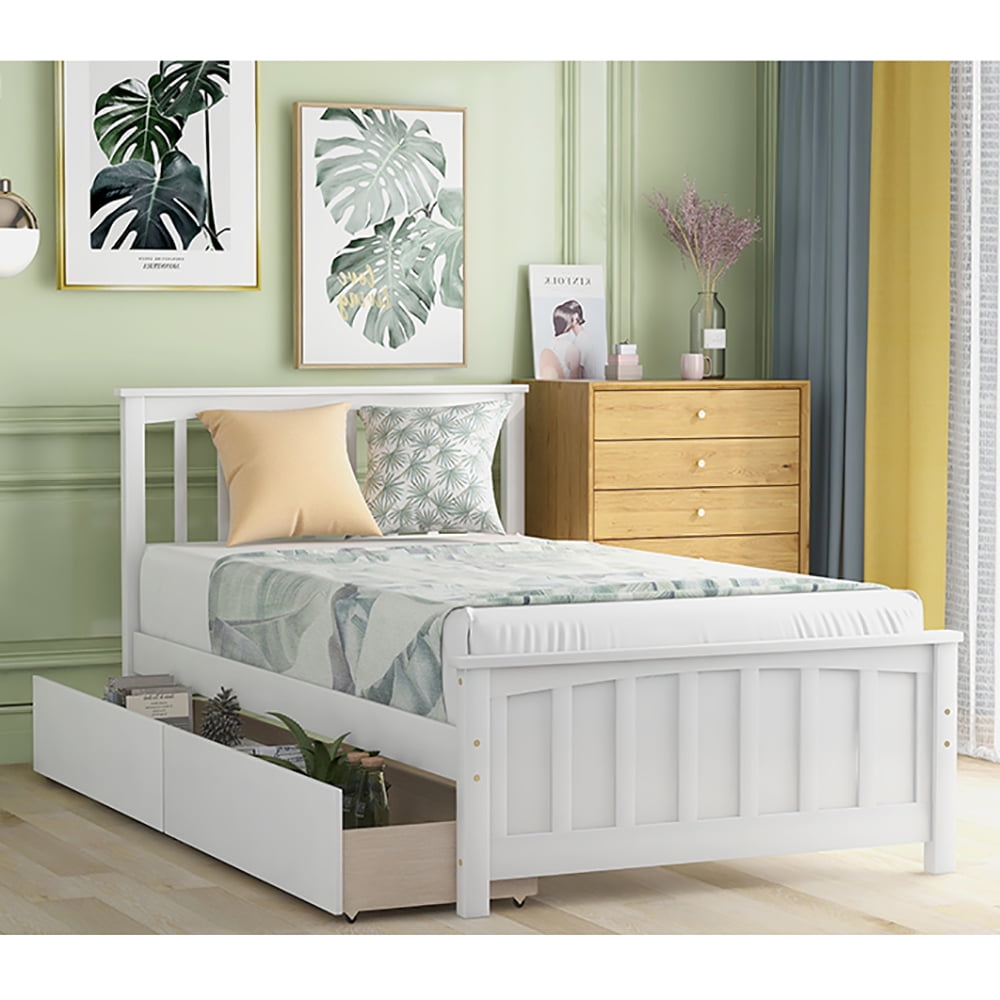 Kepooman Twin size Solid Wood Bed Frame with 2 Drawers & Headboard & Footboard for Bedroom, 79.5"L x 42"W x 41.4"H, White Kepooman Twin size Solid Wood Bed Frame with 2 Drawers & Headboard & Footboard for Bedroom, 79.5"L x 42"W x 41.4"H, White