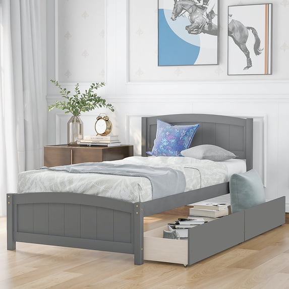 Kepooman Twin size Solid Wood Platform Bed Frame with 2 Drawers & Headboard for Bedroom, 79.5"L x 41.7"W x 37.5"H, Gray