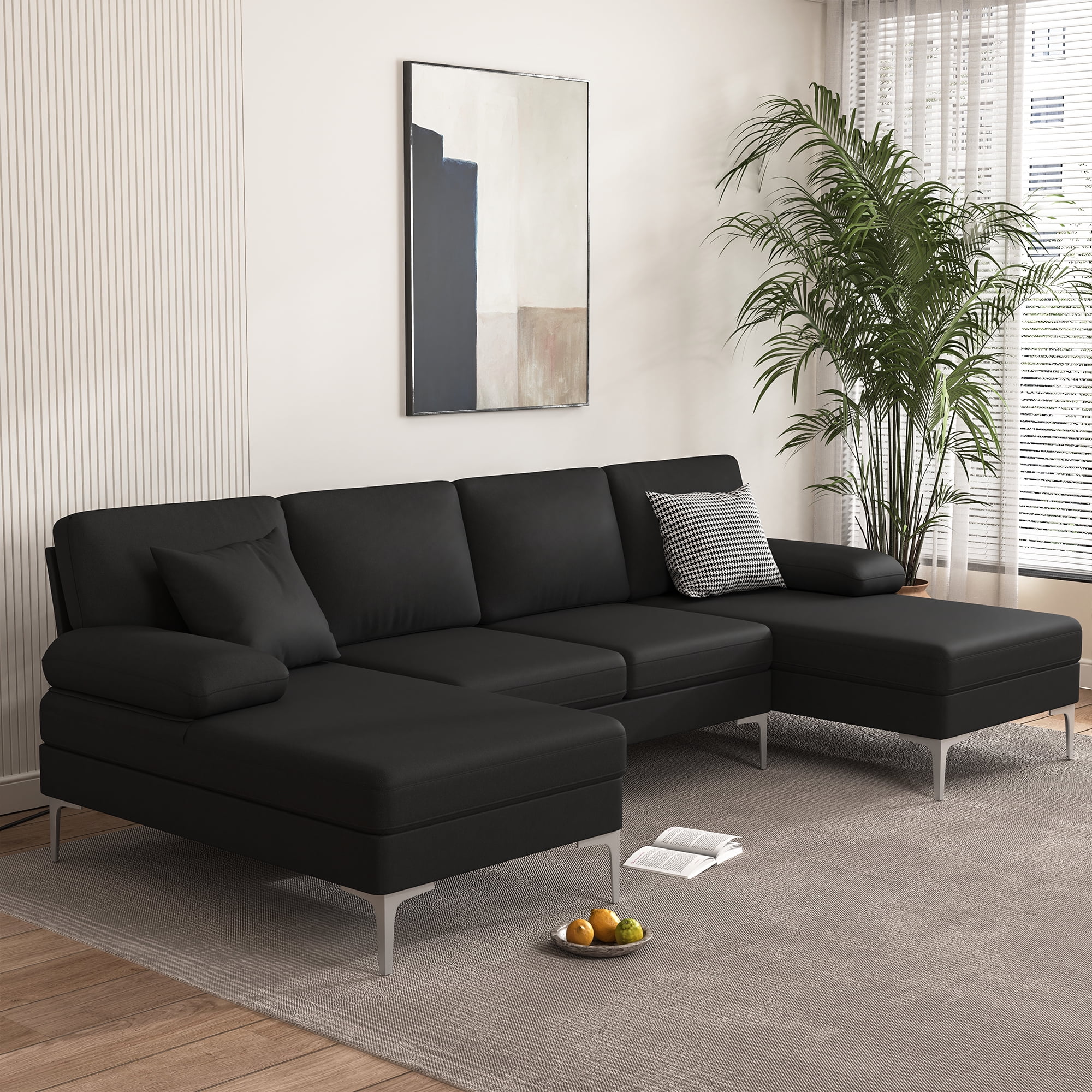 Kepooman U-Shaped Fabric Sectional Sofa Couch for Living Room, Black 4 Seats Kepooman U-Shaped Fabric Sectional Sofa Couch for Living Room, Black 4 Seats