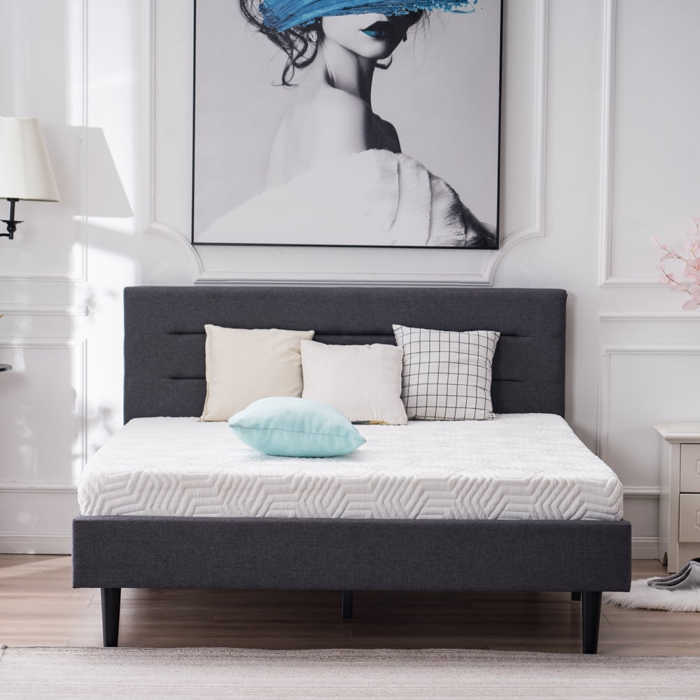 Kepooman Upholstered Faux Leather Platform Bed Frame, Dark Gray Full Kepooman Upholstered Faux Leather Platform Bed Frame, Dark Gray Full