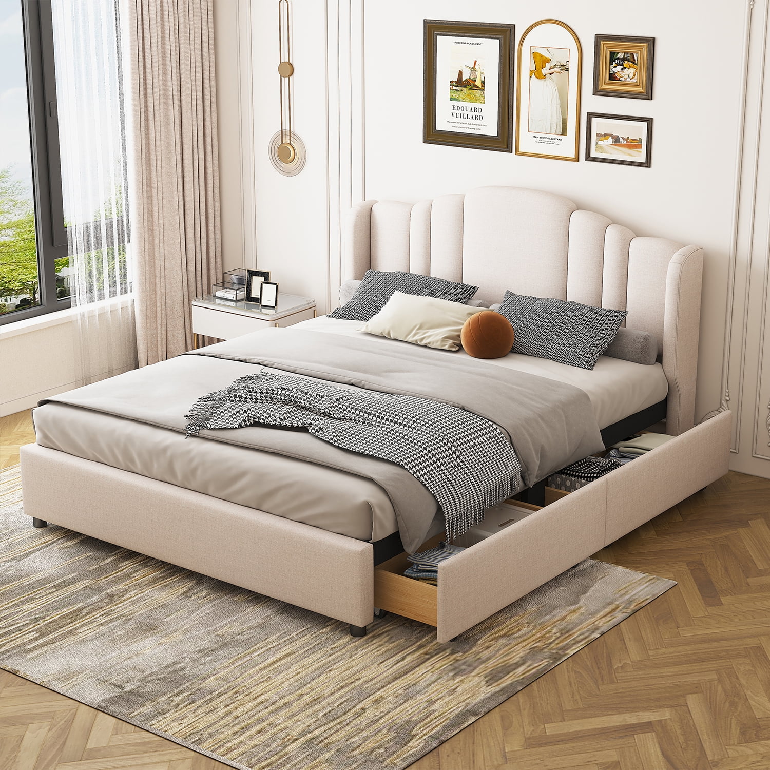 Kepooman Upholstered Platform Bed with Wingback Headboard and 4 Drawers, No Box Spring Needed, Linen Fabric, Queen Size, Beige Kepooman Upholstered Platform Bed with Wingback Headboard and 4 Drawers, No Box Spring Needed, Linen Fabric, Queen Size, Beige