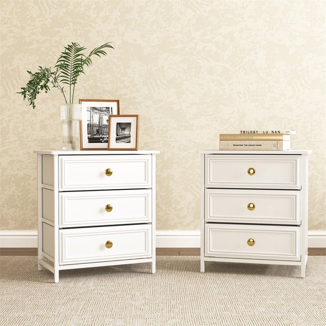 Kepooman White Nightstand with 3 Drawers, Night Stand for Bedroom, Small Dresser with Fabric Bins, Leather Finish