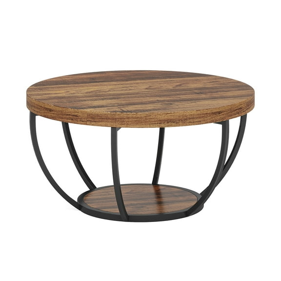 Kepooman Wooden Coffee Table, 2-Tier Round Central Cocktail Table with Shelves,Brown