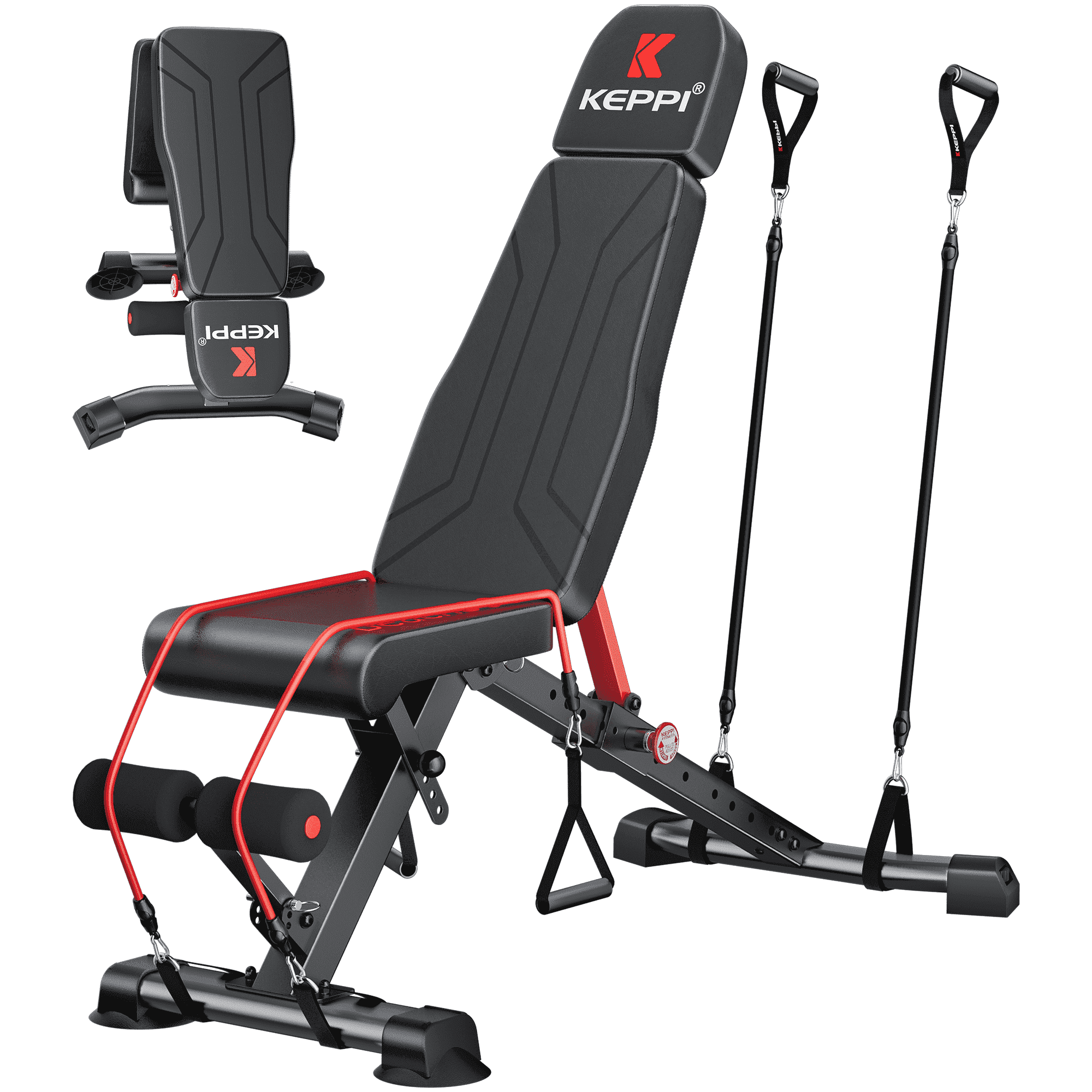 Keppi Fitness Bench500 Foldable Adjustable Weight Bench, 900 lb, 2 Pairs of Resistance Bands