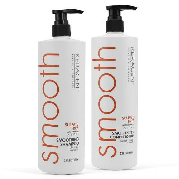 Keragen - Smoothing Shampoo and Conditioner with Keratin and Collagen for All Hair Types, Sulfate Free, 32 Oz - Moisturizes, Strengthens, Protects Color and Repair - Panthenol