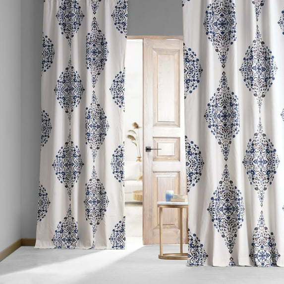 Kerala Blue Printed Cotton Hotel Blackout Curtain (1 Panel), Kerala Blue, 50W X 84L