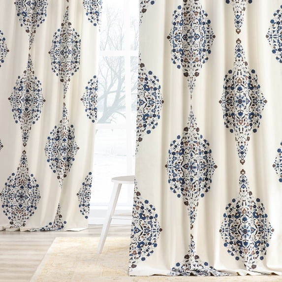 Kerala Blue Printed Cotton Twill Curtain (1 Panel), Kerala Blue, 50W X 108L