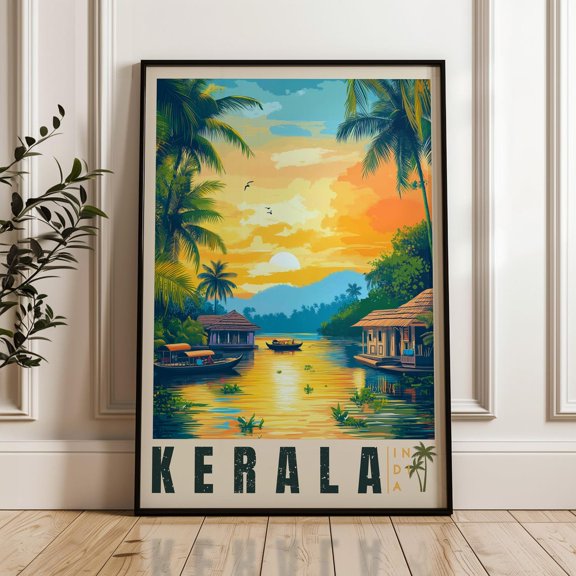 Kerala Travel Poster - India Wall Art Print, Illustration Poster, Artwork, Home & Office Decor, Gift Idea, Malabar Coast Travel Print Wall Art, Modern Wall Decor, 8x12 UNFRAMED