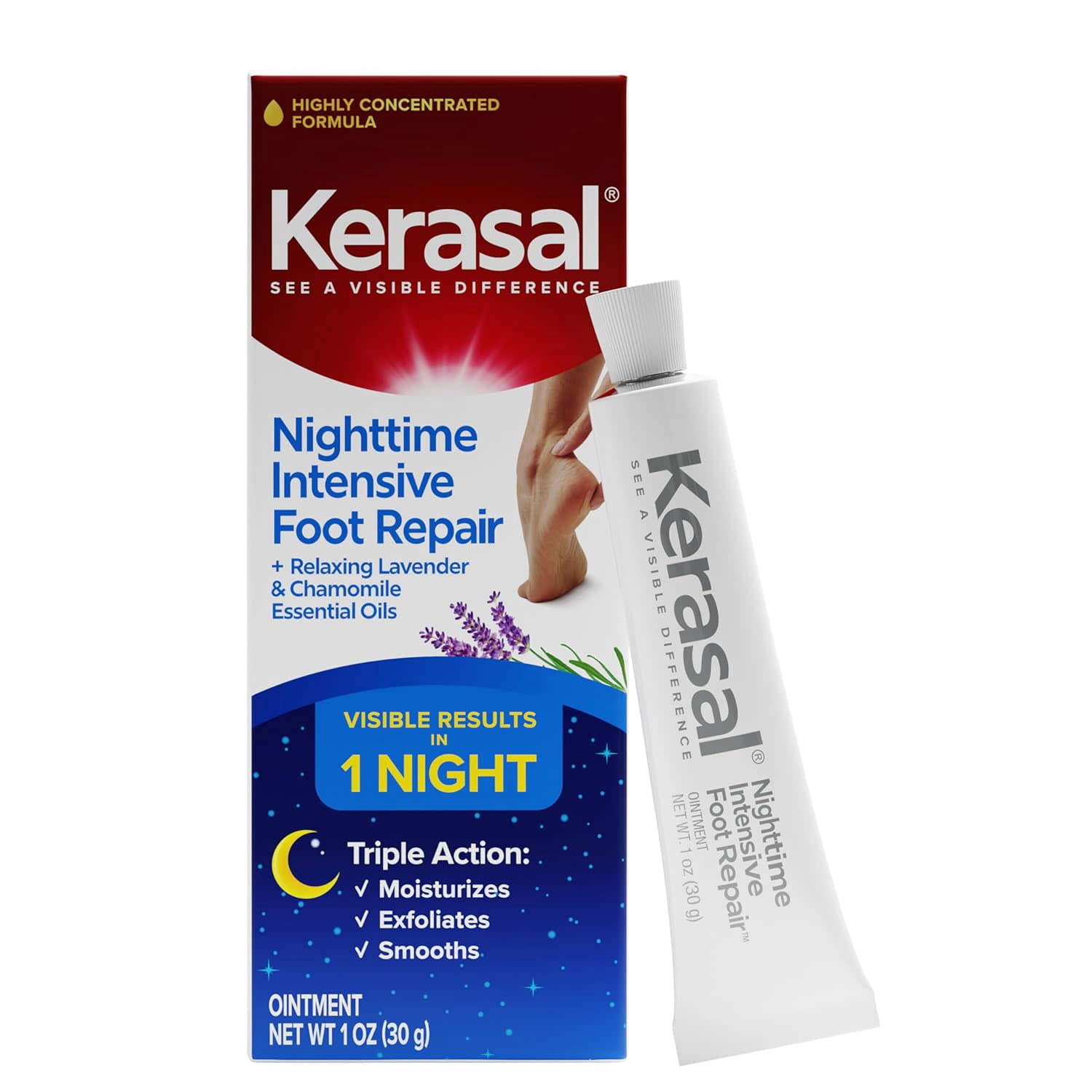 Kerasal Nighttime Intensive Foot Repair - Skin Healing Ointment for Cracked Heels and Dry Feet, 1 oz