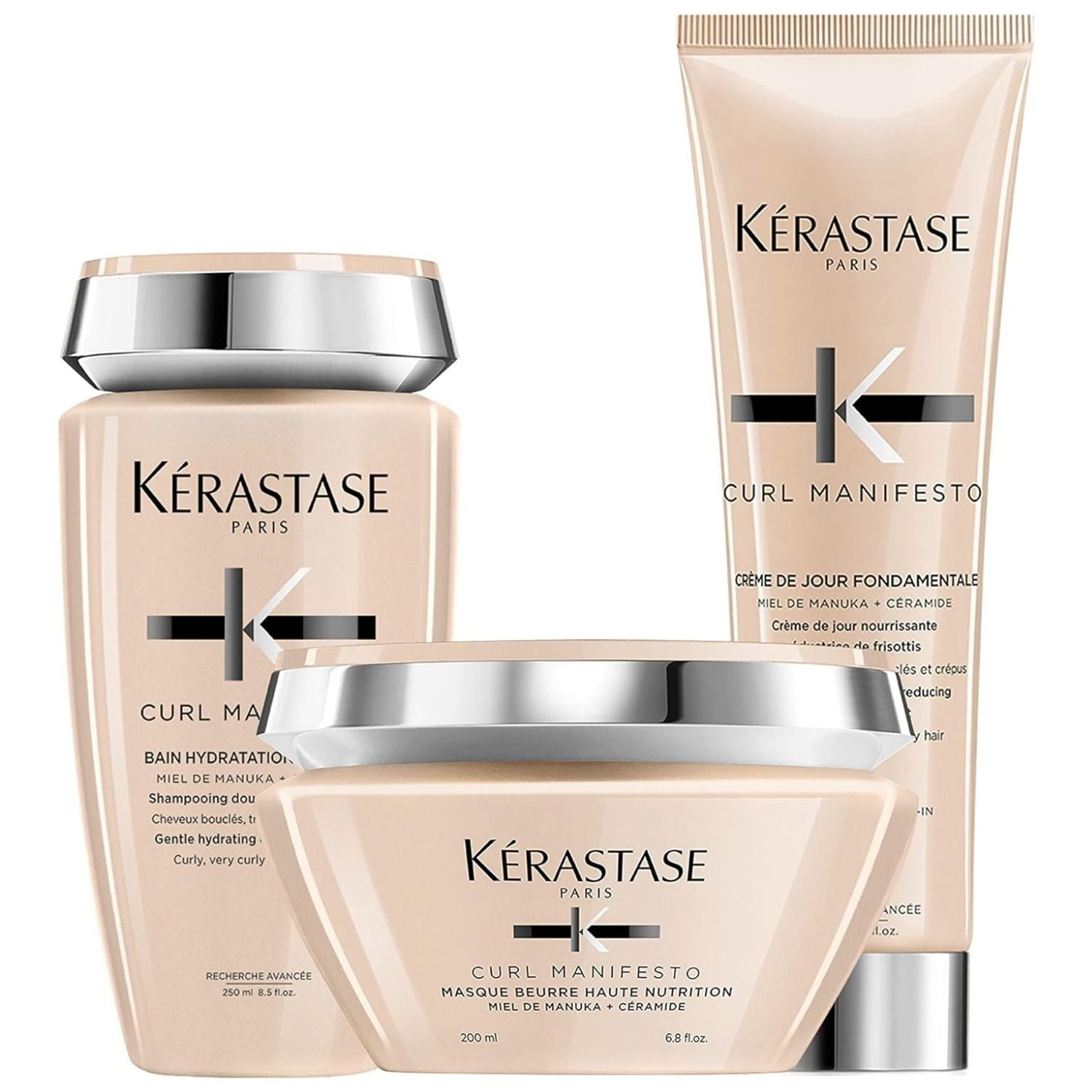 Kerastase Curl Manifesto Bain Hydration Douceur Shampoo 8.5 oz, Creme de  Jour Fondamentale 5.1 oz & Beurre Haute Masque 6.8 oz Set 