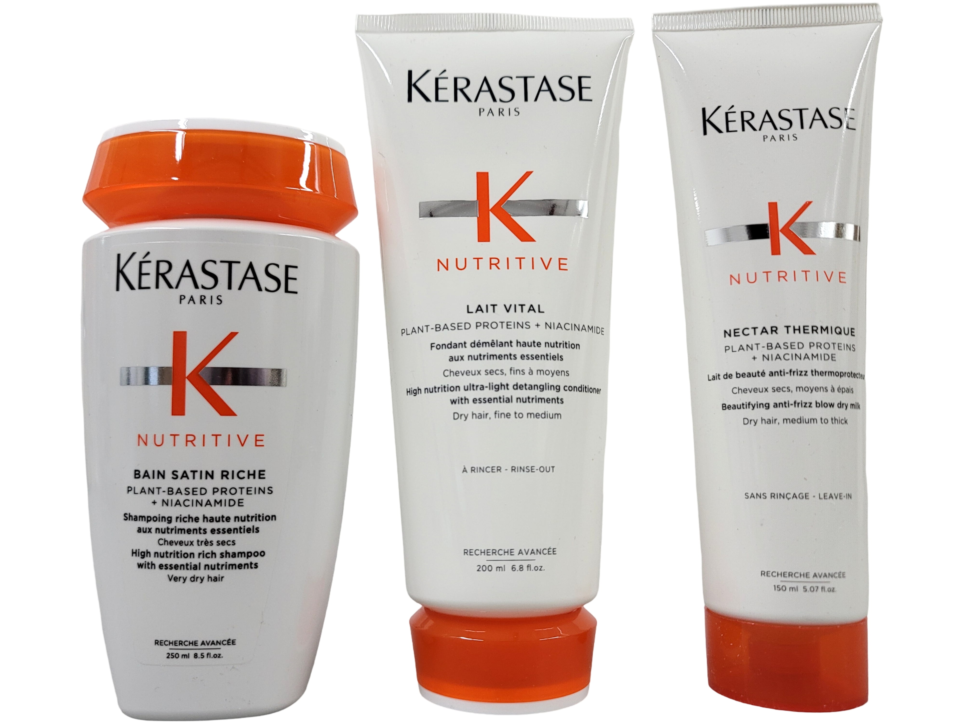 Kerastase TRIO Nutritive Bain Satin Richie 8.5oz , Lait Vital Conditioner 6.7oz and Nectar Thermique - 5.1oz