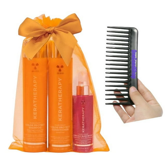 Keratherapy Keratin Infused Color Protect Shampoo & Conditioner, 10 oz Plus Ultra Fast Blow Dry Mist 4.2 oz, Holiday Collection Trio + Comb