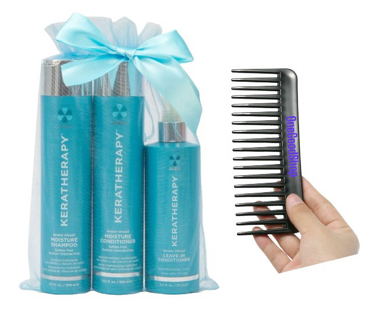 Keratherapy Keratin Infused Moisture Shampoo & Conditioner, 10 oz Plus Leave In Conditioner 8.5 oz,  Holiday Collection Trio +Comb