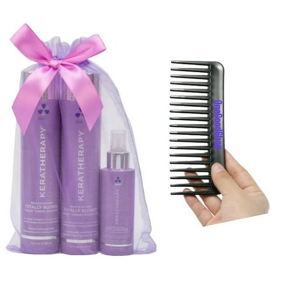 Keratherapy Keratin Infused Totally Blonde Violet Toning Shampoo & Conditioner, 10 oz Plus Leave-In Conditioner Spray 3.7 oz, Holiday Collection Trio
