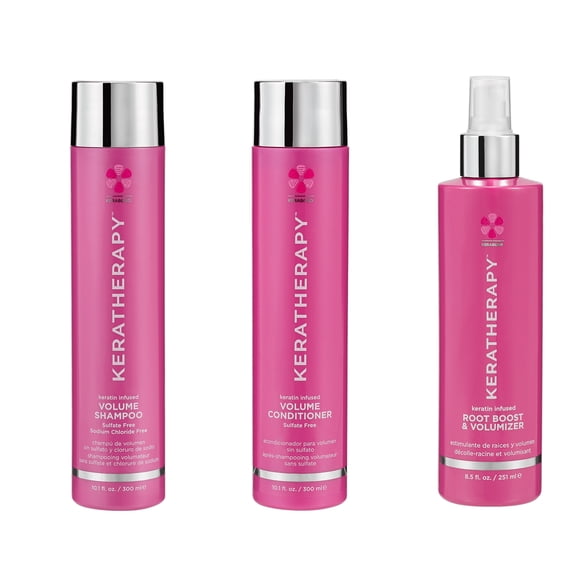 Keratherapy keratin infused Volume Shampoo and Conditioner 10 oz each & ROOT BOOST & VOLUMIZER 8.5 oz