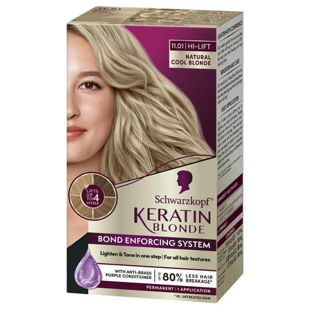Schwarzkopf Keratin Blonde Hair Dye Natural Cool Blonde 11.01, Hi-Lift Permanent Color, 1 Use