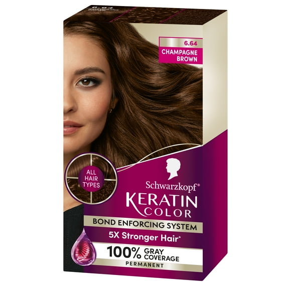 Schwarzkopf Keratin Hair Dye 6.64 Champagne Brown, Permanent Hair Color, 1 Use