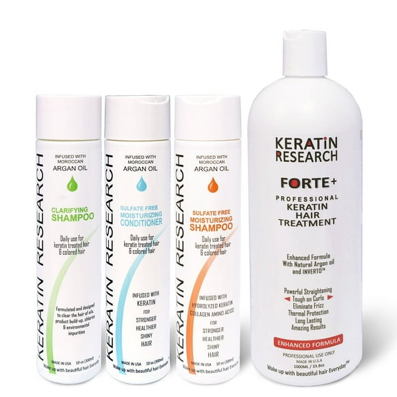Keratin Forte Extra Strength Brazilian Keratin Hair Treatment Straightening Kit Complex Blowout Treatment Natural Organic Results with Clarifying Moisturizing Shampoo Conditioner (32oz+3x10oz)