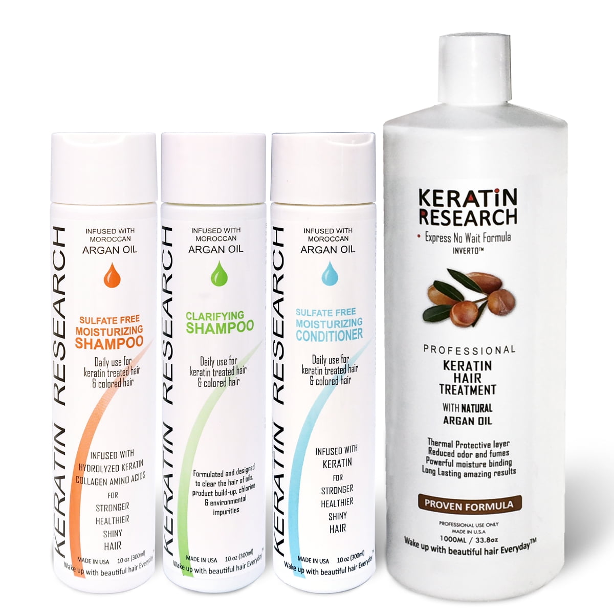 Keratin Research Brazilian Keratin Blowout Hair Treatment 4 Bottles 1000ml Value Kit Includes Sulfate Free Shampoo, Conditioner, and Clarifying Shampoo