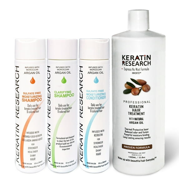 Keratin Research Brazilian Keratin Blowout Hair Treatment 4 Bottles 1000ml Value Kit Includes Sulfate Free Shampoo, Conditioner, and Clarifying Shampoo