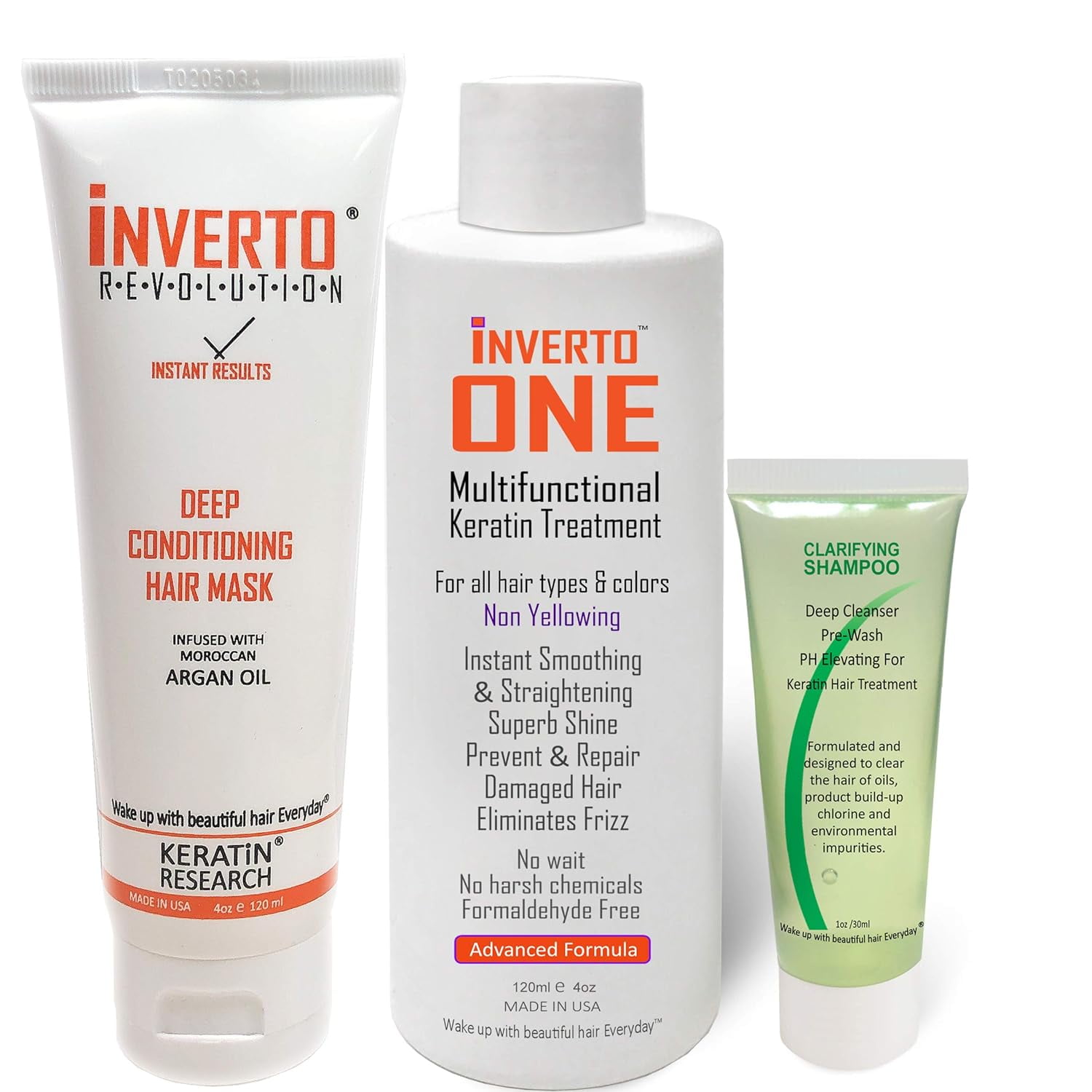 Keratin Research INVERTO ONE Formaldehyde-Free Brazilian Keratin Hair Treatment Kit Straightening Complex Blowout Treatment Natural Organic Results with Clarifying Shampoo Hair Mask (4oz+4oz+1oz)