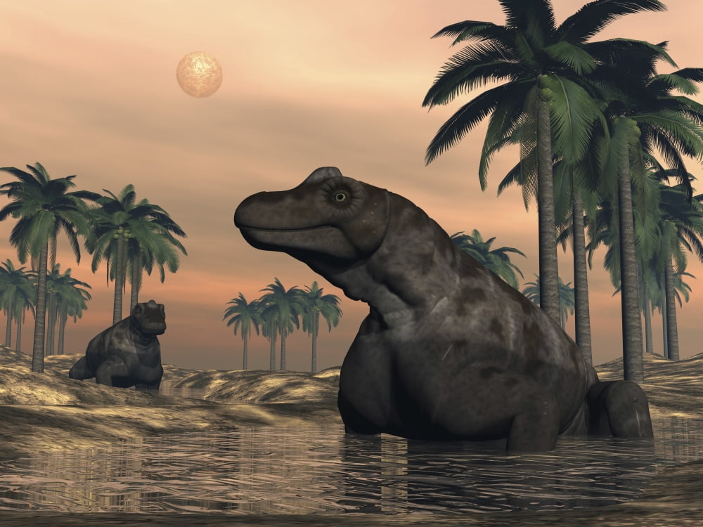Keratocephalus dinosaurs in a small lake at sunset Canvas Art - Elena DuvernayStocktrek Images (17 x 13)