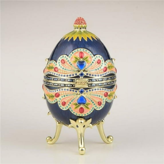 Keren Kopal E2035 Colorful Blue Russian Egg Enamel Painted Trinket Box with Austrian Crystals