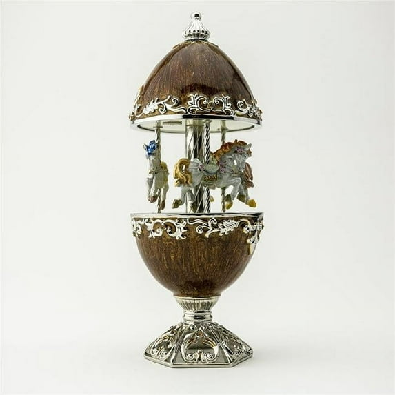 Keren Kopal E2052 Brown Carousel with White Royal Horses Enamel Painted Trinket Box with Austrian Crystals