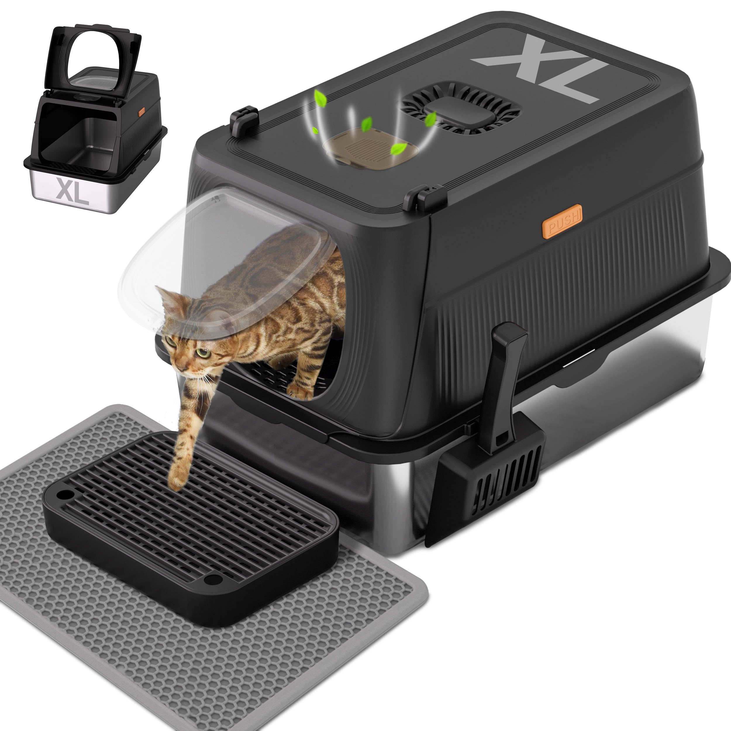 Kerhouze Stainless Steel Litter Box with Lid Enclosed Large Cat Litter Box with Poop Scooper Black