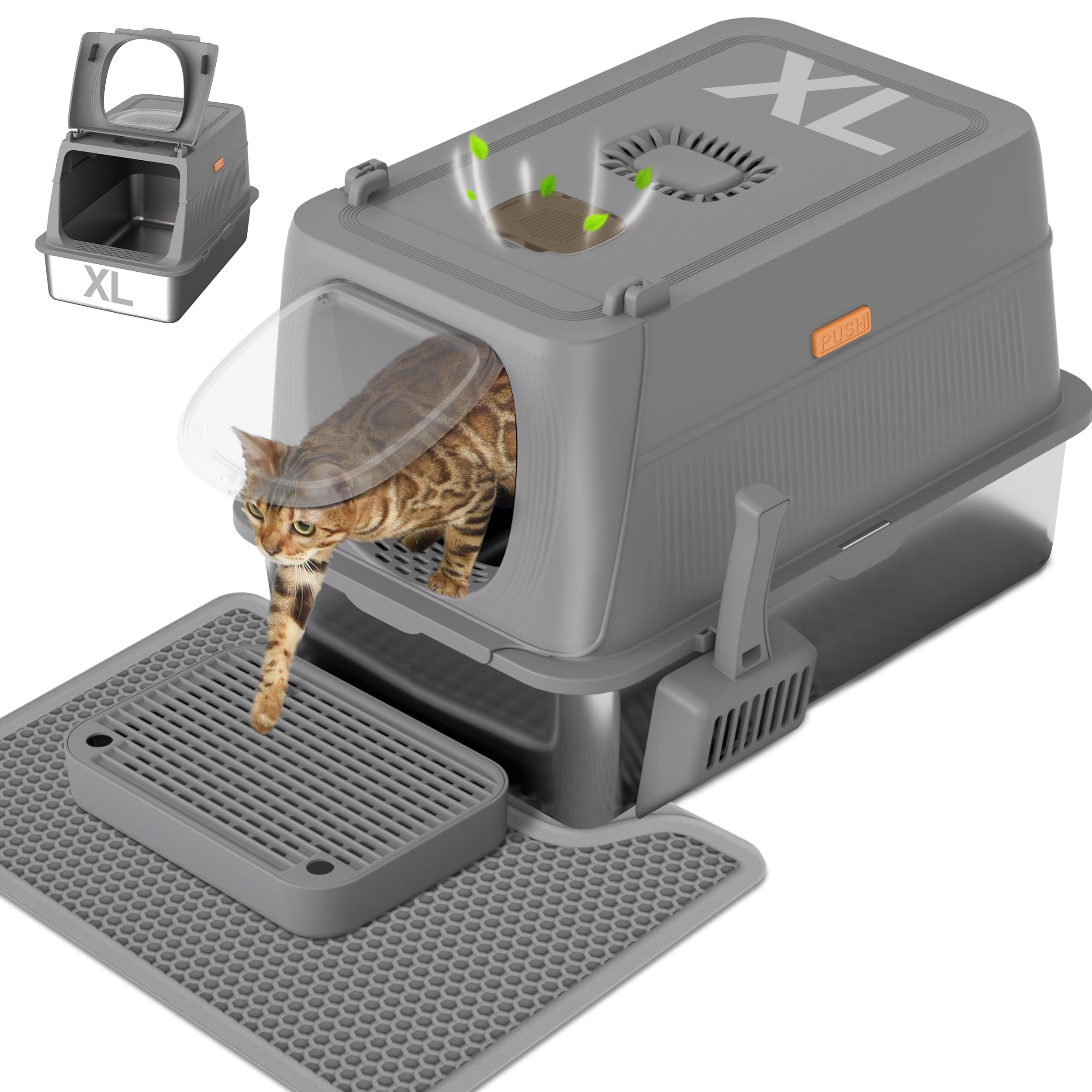 Kerhouze Stainless Steel Litter Box with Lid Enclosed Large Cat Litter Box with Poop Scooper Dark Gray