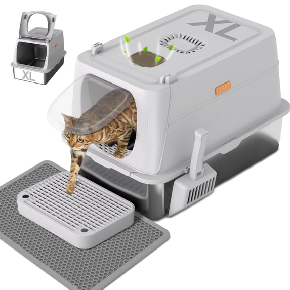 Kerhouze Stainless Steel Litter Box with Lid Enclosed Large Cat Litter Box with Poop Scooper Gray