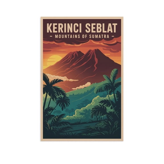 Kerinci Seblat National Park Mountains Vintage Travel Poster Sumatra Indonesia Retro Adventure Wall Art Volcano Landscape Canvas Poster
