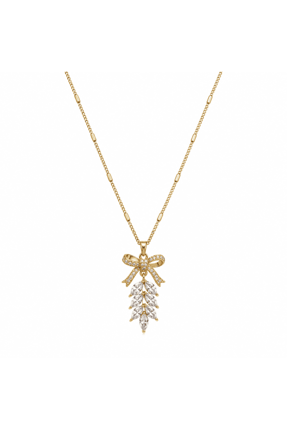 - Crystal Leaf Bow Pendant Necklace for Women | Elegant Adjustable Chain Fashion Jewelry