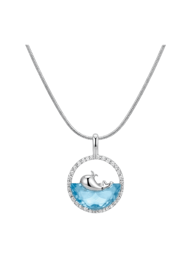 - Silver Tone Dolphin Ocean Pendant Necklace with Blue Crystal Round Charm for Women