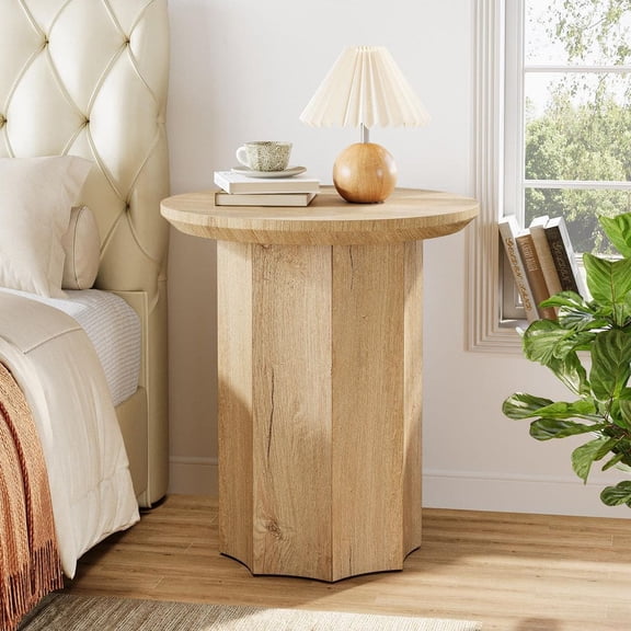Kerlin 19.68 in. Brown Round Wood End Table Pedestal Side Table Nightstand with Octagonal Base for Living Room, Bedroom
