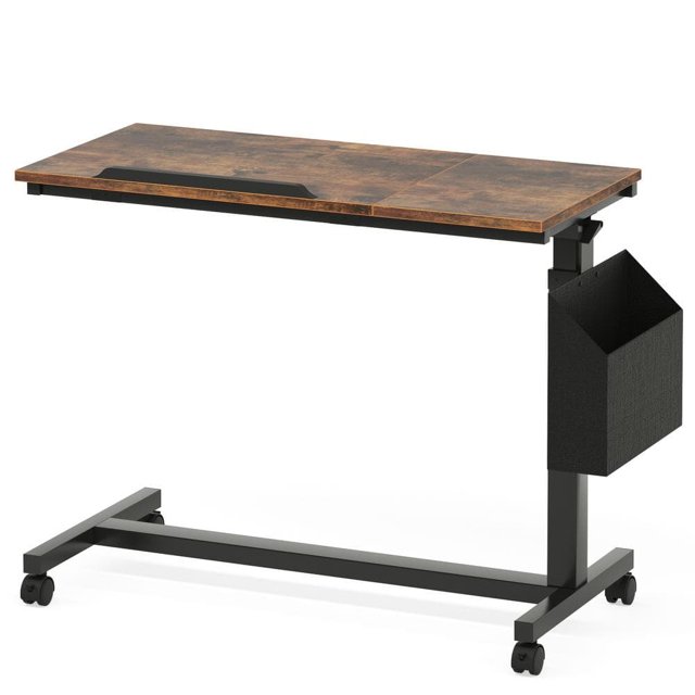 Kerlin 32 in. Rustic Brown C Shaped Wood End Table with Wheels and Side