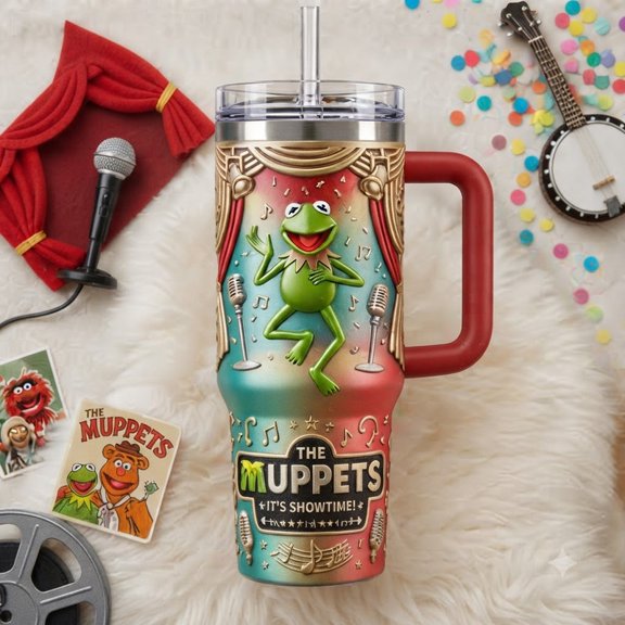 Kermit Cartoon Art 40oz Tumbler With Handle, Kermit Stainless Steel Insulated Travel Cup, Gift for Cartoon Fans