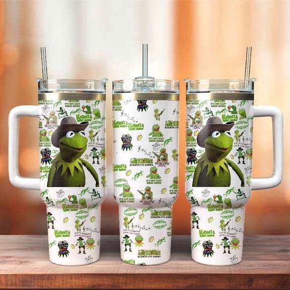 Kermit the Frog 40oz Tumbler with Handle | Muppets Inspired Green Insulated Travel Tumbler | Classic Frog Character 40oz Coffee Cup | Whimsical Movie & TV Show Fan Gift