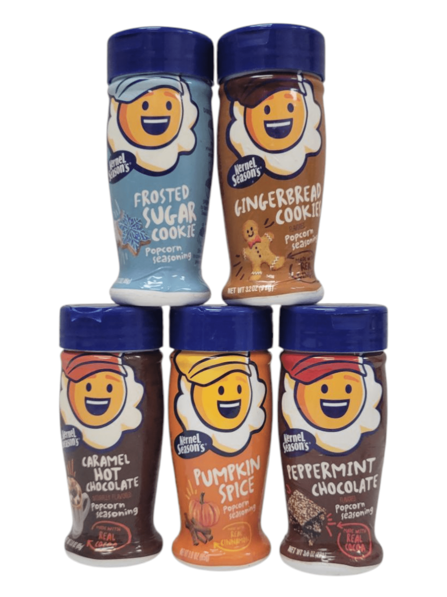Kernel Season's Christmas Edition Popcorn Seasoning 3 oz Each 5 Pack: Frosted Sugar Cookie, Gingerbread Cookie, Peppermint Chocolate, Pumpkin Spice, and Caramel Hot Chocolate