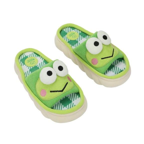 Keroppi 3D Character Face Art Women's Green & White Plaid Open-Toed Slide Slippers-Medium