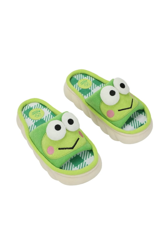 Keroppi 3D Character Face Art Women's Green & White Plaid Open-Toed Slide Slippers-Medium