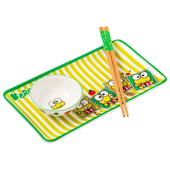 Silver Buffalo Sanrio Hello Kitty and Friends Keroppi Polaroids Green and White Stripes Ceramic Sushi Set with Dipping Sauce Dish and Matching Chopsticks