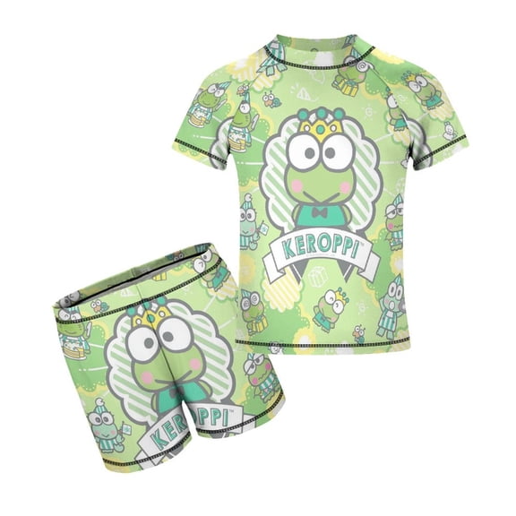 Keroppi Boys Rash Guard Set 2 Piece Swimsuits Short Sleeve Bathing Suits with Trunks